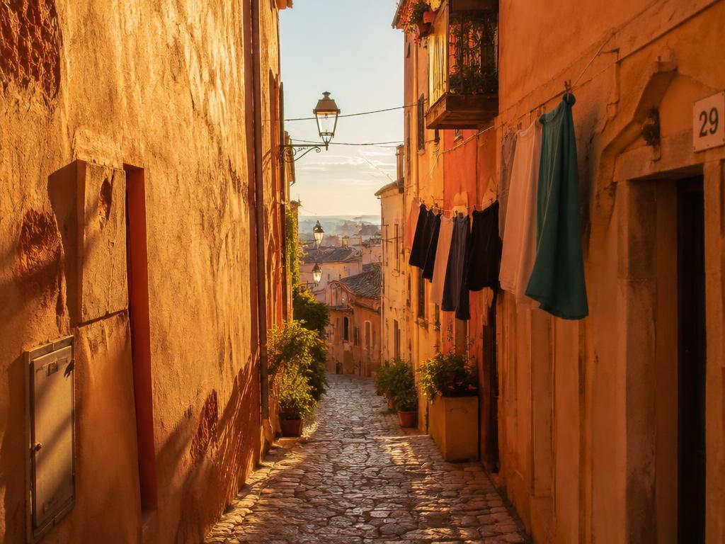 A sunlit cobblestone alley in a Mediterranean old town at golden hour